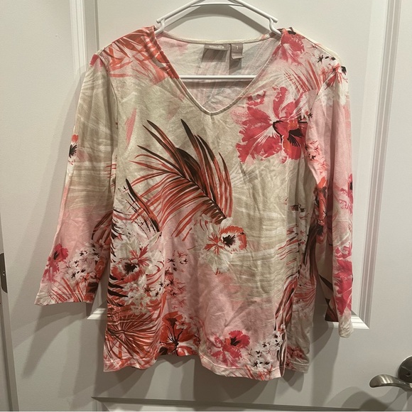 Chico's Tops - Chico's Pink & White Floral Top Blouse Stretch Cotton Casual 3/4 Sleeve …